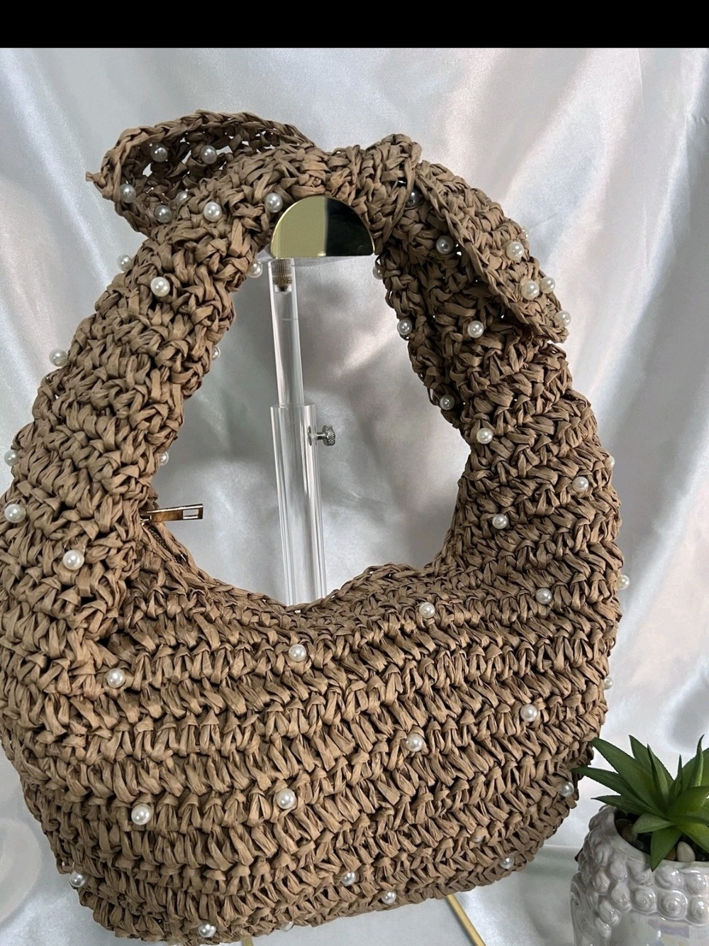 Haute Hippie Pearl-Embellished Woven Straw Tote Bag - Brown Viral Hobo Bag New - Picture 4 of 11